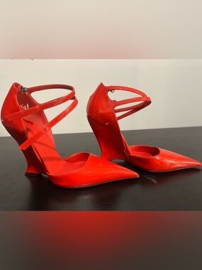 Salvatore Ferragamo Vidya Red Patent Pointed-Toe Strappy Wedge Heels